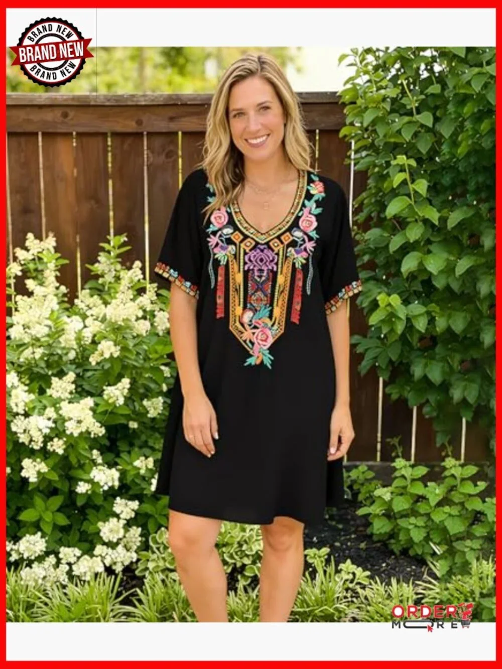 Mexican Embroidered Bohemian Peasant Dress Plus Size Rayon Summer - Picture 4 of 7